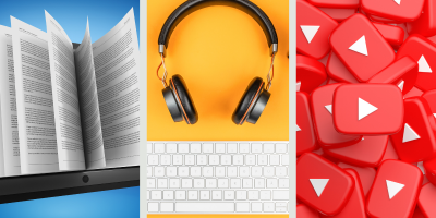 image of an e-reader, headphones and computer keyboard, pile of red YouTube icons