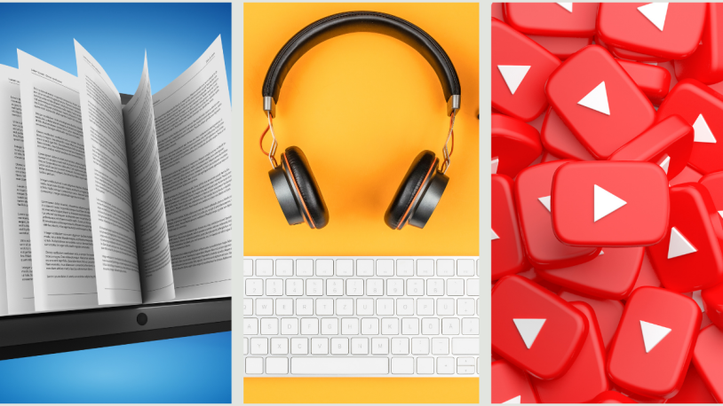 image of an e-reader, headphones and computer keyboard, pile of red YouTube icons