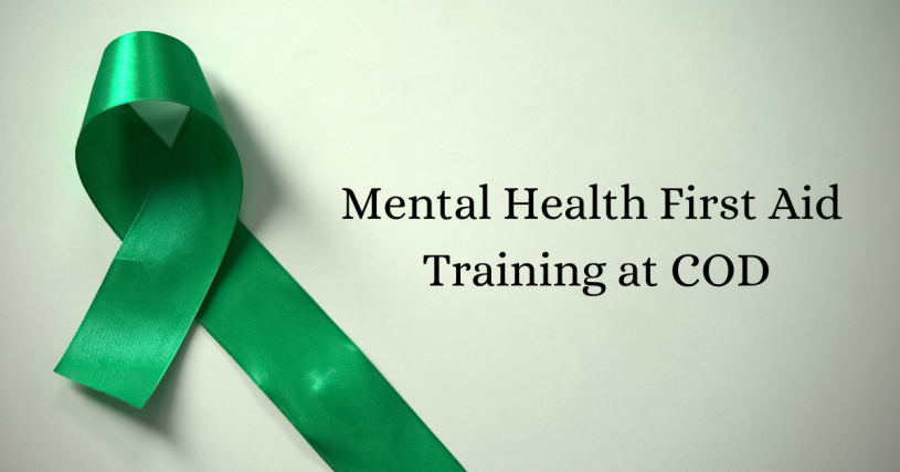 green ribbon on pale background with text reading "Mental Health First Aid Training at COD"